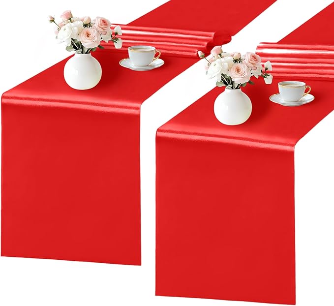 SHEJIZE 2 Pack Satin Red Table Runner 12x108 Inches Long, Bright Silky Smooth by SHEJIZE