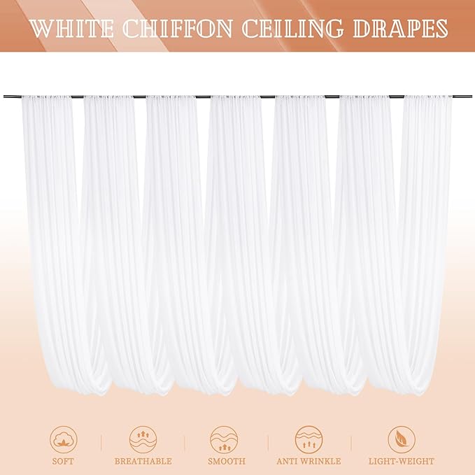 6 Panels White Ceiling Drapes for Wedding 5ftx15ft Sheer Drapery Chiffon Fabric - Image 7
