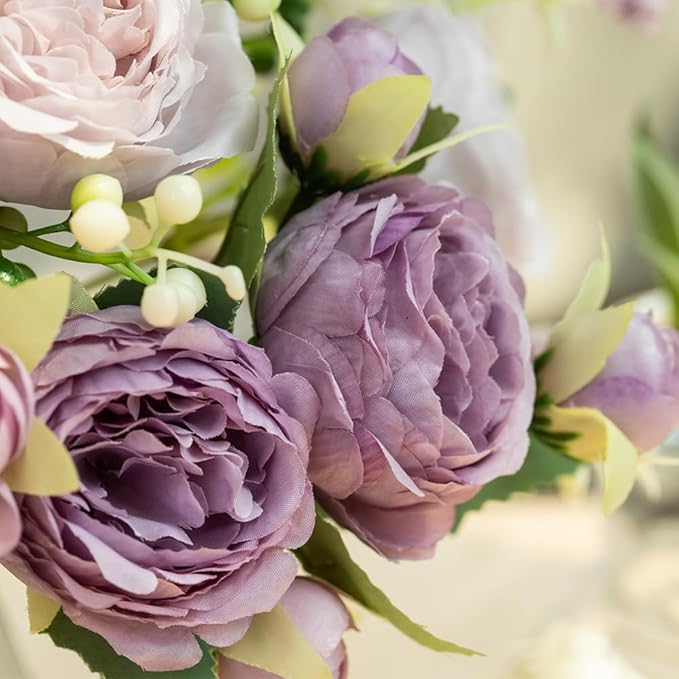 Artificial Peonies Silk Flowers in Glass Vase Faux Flowers Bouquets Modern - Image 3