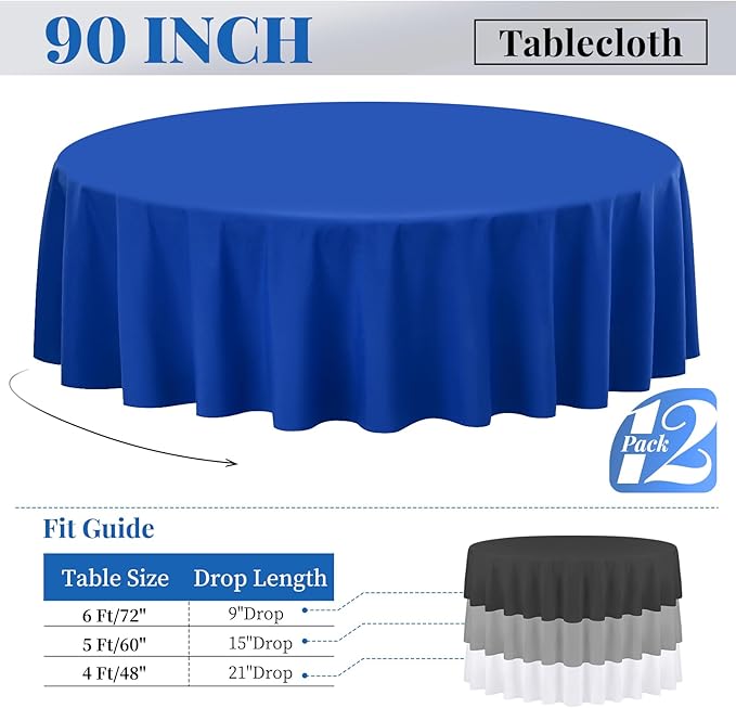 Fani 12 Pack 90 Inch Royal Blue Polyester Round Tablecloth, Stain and Wrinkle - Image 2