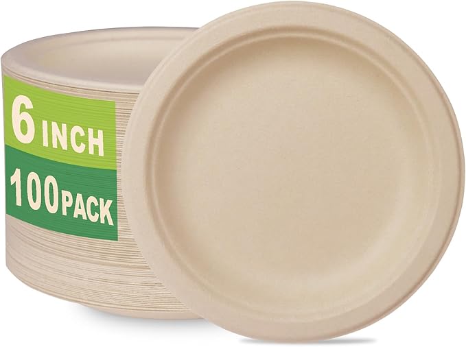 GreenWorks 100 Count 6“ Small Compostable Dessert Plates, Heavy-duty Unbleached by GreenWorks