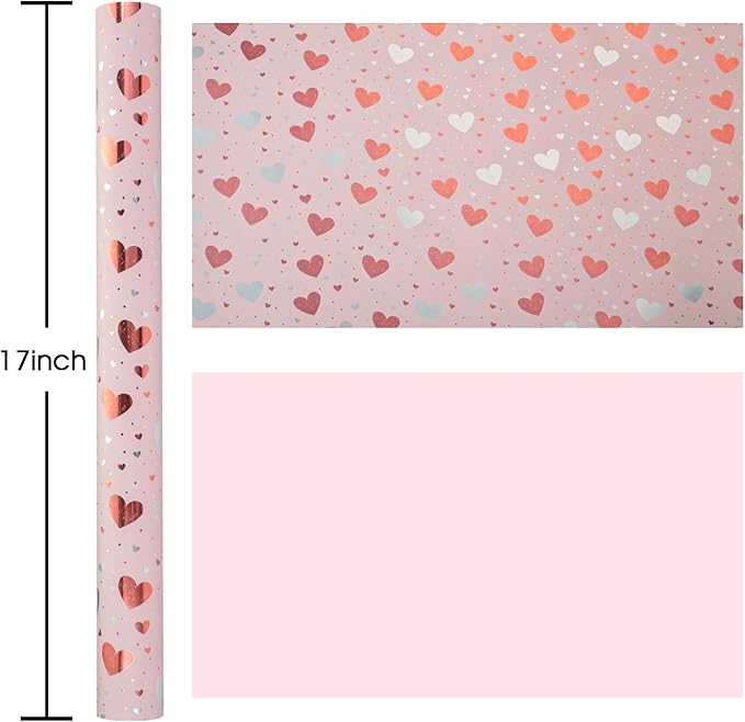 Burymento Gold Foil Heart Wrapping Paper, Reversible Pink Gift Wrap - Image 6