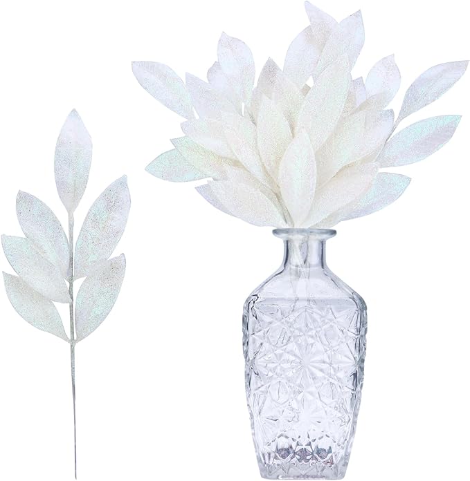 GREENTIME 12 Pack Artificial White Glitter Leaves 13" Fake Christmas Picks by Greentime