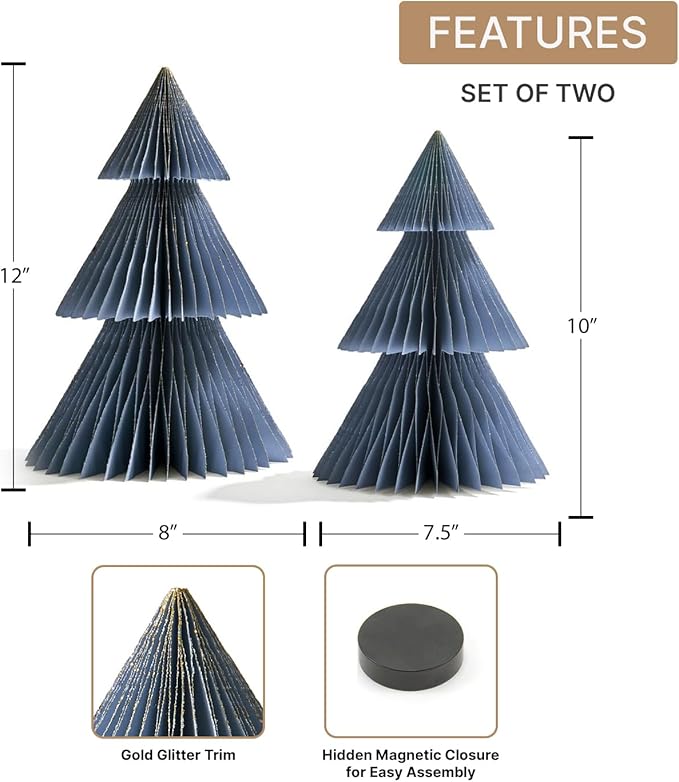 LampLust Winter Ornaments, 2 Pack Dusty Blue Honeycomb Paper Trees, 10 & 12 in - Image 2