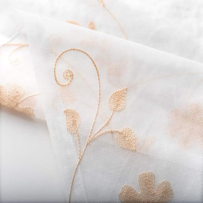 Sheer Curtains Gold 45 Inch Length, Floral Embroidered Rod Pocket Voile Drapes - Image 7