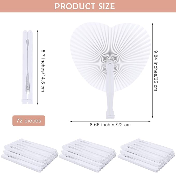 Aodaer 72 Pack Heart Shaped Folding Fans White Paper Fans Handheld Fans - Image 2