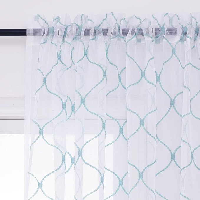 Embroidery Sheer Curtains Blue 95 Inches Long, Window Treatments Rod Pocket - Image 3