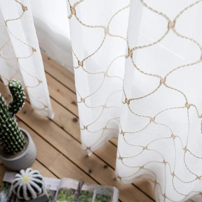Sheer Curtains Gold 95 Inches Long, Embroidered Wave Diamond Window Treatments - Image 6