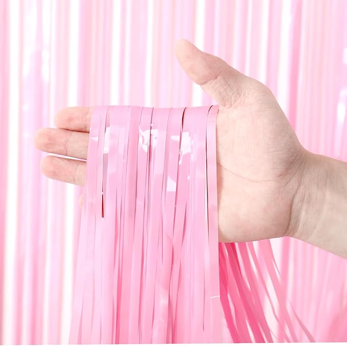 2 Pack Pastel Pink Tinsel Foil Fringe Curtains, Metallic Tinsel Party Streamers - Image 2