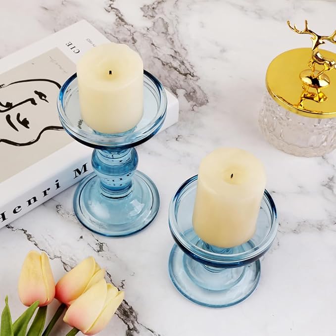 3-Piece Set of Blue Glass Candlestick, Crystal Candlestick Holder Holder and - Image 4