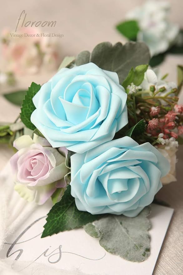 Floroom Artificial Flowers 25pcs Real Looking Aqua Blue Foam Fake Roses - Image 2