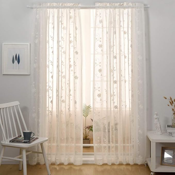 Floral Embroidery Sheer Curtains White 45 Inch Length, Rod Pocket Voile Drapes - Image 2