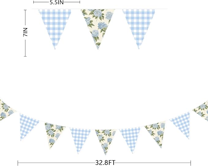 32Ft Blue Flora Party Decorations Blue Gingham HydrangeaTriangle Flag Fabric - Image 3