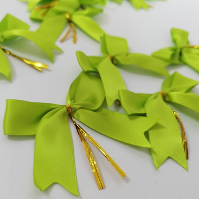 50 pcs 3-1/2" Apple Green Satin Ribbon Twist Tie Bows - Image 7