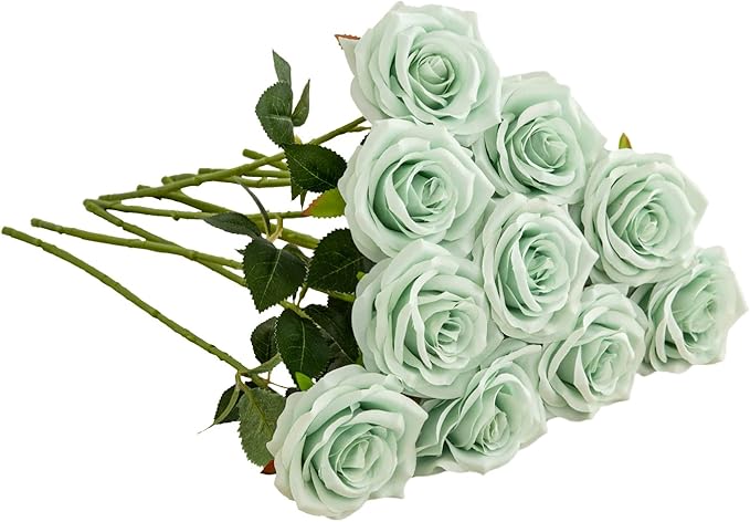 Artificial Rose 10pcs Open Flower Bouquet Sage Green Faux Rose Stems by IUKnot