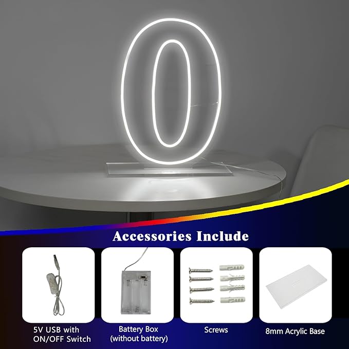 Number 0 Neon Sign Light, 16.54" Cool White USB Battery Powered Led Neon Sign - Image 2