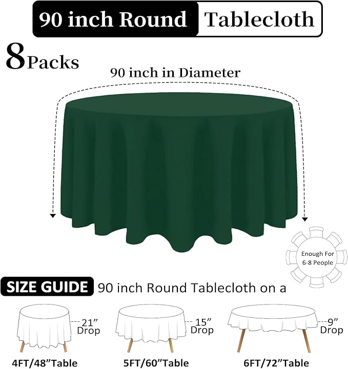 8 Pack Dark Green Round Tablecloth 90 Inch Stain and Wrinkle Resistant Round - Image 3