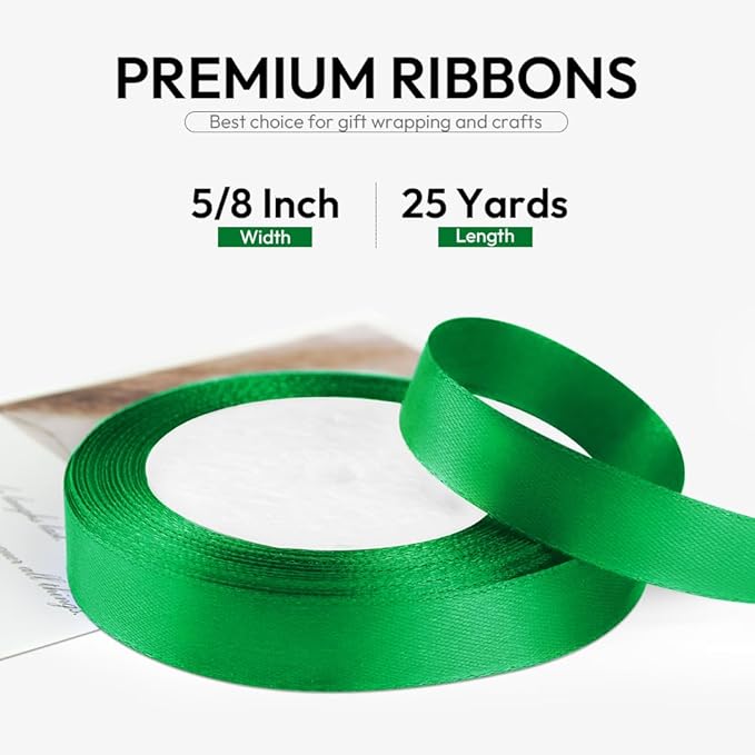 5/8 Inch 25 Yards Satin Ribbon Green, Solid Color Fabric Ribbon - Image 2
