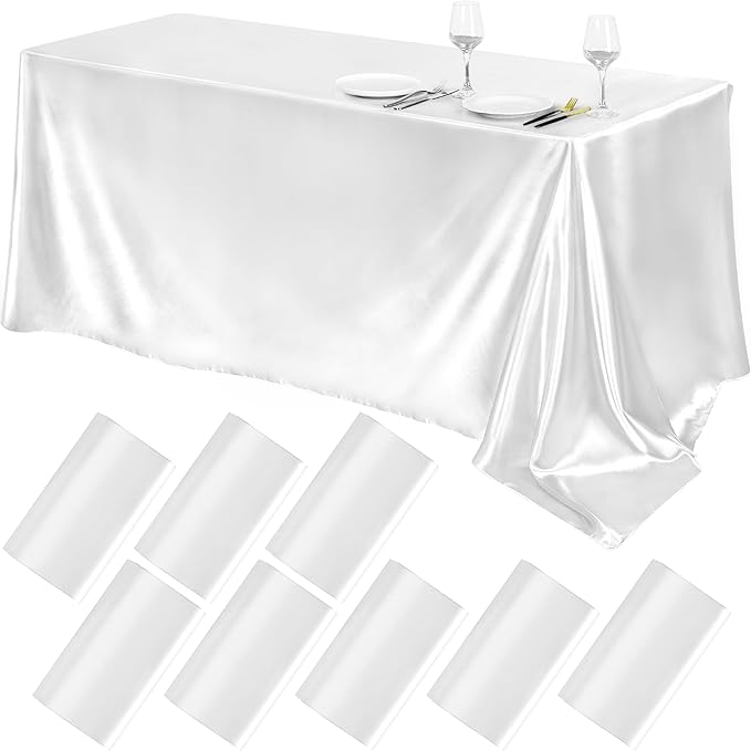 TURSTIN 8 Packs White Satin Tablecloth 102 x 58 Inch Overlay Satin Table Cover by TURSTIN