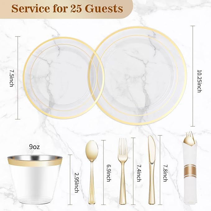 BESTVIP 175PCS Clear Gold Plastic Dinnerware Set, Disposable Party Plates - Image 4
