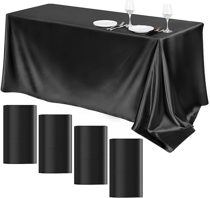 TURSTIN 4 Packs Black Satin Tablecloth 102 x 58 Inch Overlay Satin Table Cover by TURSTIN