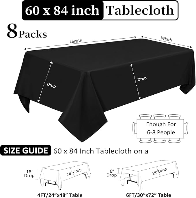 8 Pack Black Tablecloths 60 x 84 Inch Rectangular Table Cloths - Image 2