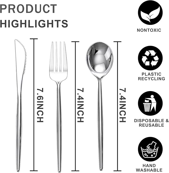 Rubtlamp 90Pcs Silver Plastic Silverware, Plastic Cutlery Include 30 Knives - Image 2