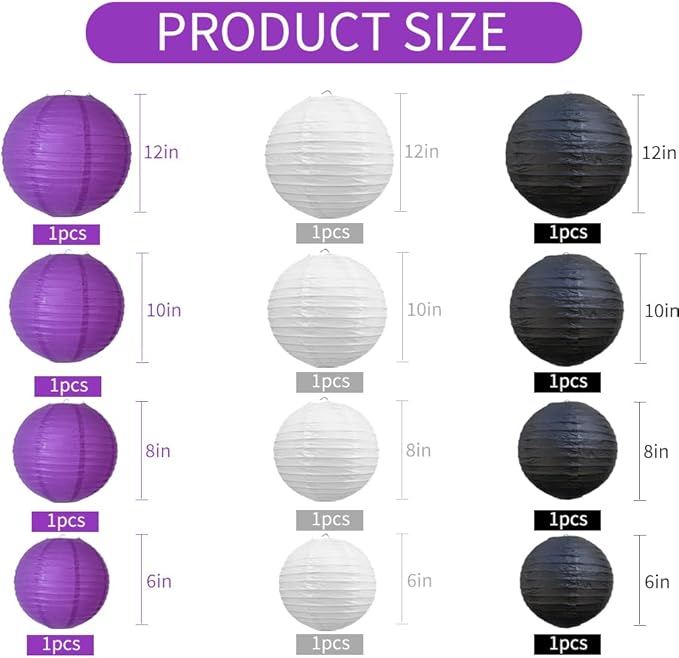 BEISHIDA 12Pcs Purple Black White Paper Lanterns Decorative Chinese/Japanese - Image 2