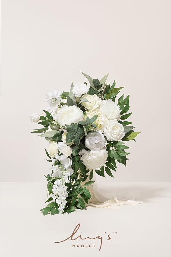 Ling's Moment White Bridal Bouquet Cascading, Ivory Wedding Bouquets - Image 3