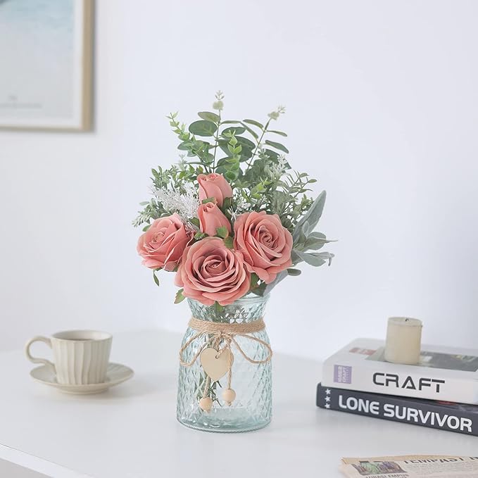 Faux Flowers with Vase, Artificial Silk Roses in Vase, Fake Plant Eucalyptus - Image 3