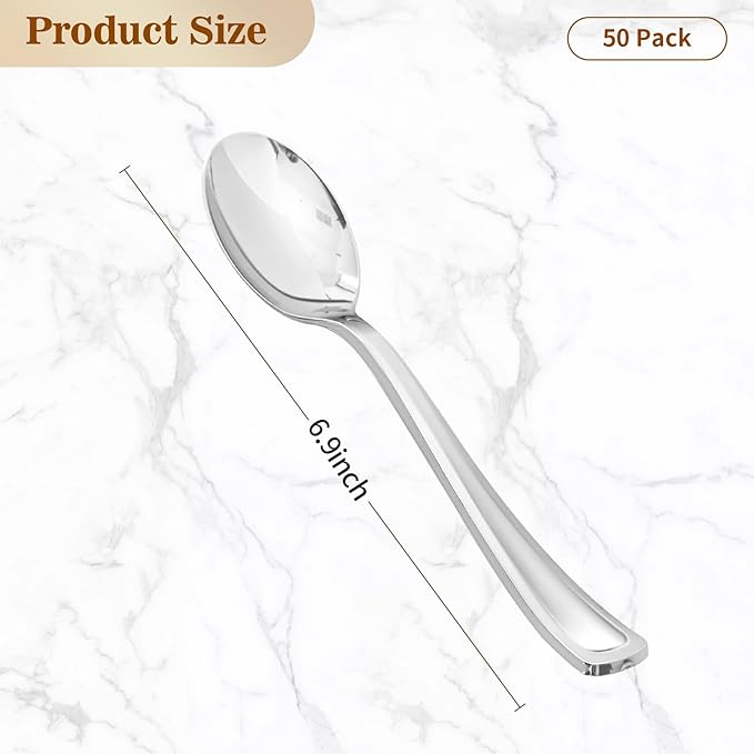 BESTVIP 50 Pack 6.9 Inch Silver Plastic Spoons, Heavy Duty Plastic Silverware - Image 2