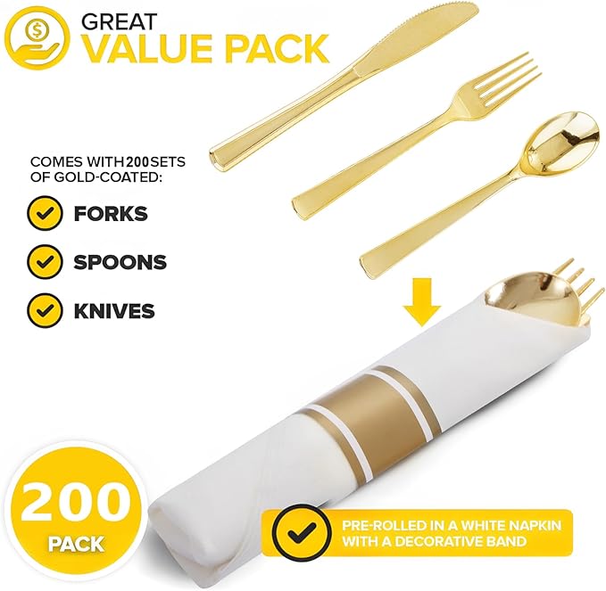 200Guests Pre Rolled Gold Plastic Silverware Sets - Image 2