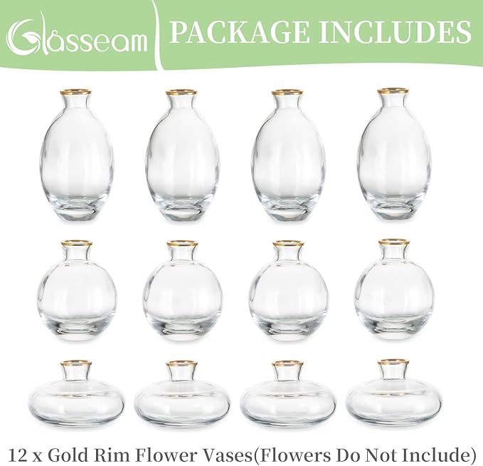 Glass Bud Vase for Centerpieces: 12Pcs Glasseam Gold Rim Mini Small Vases for - Image 8