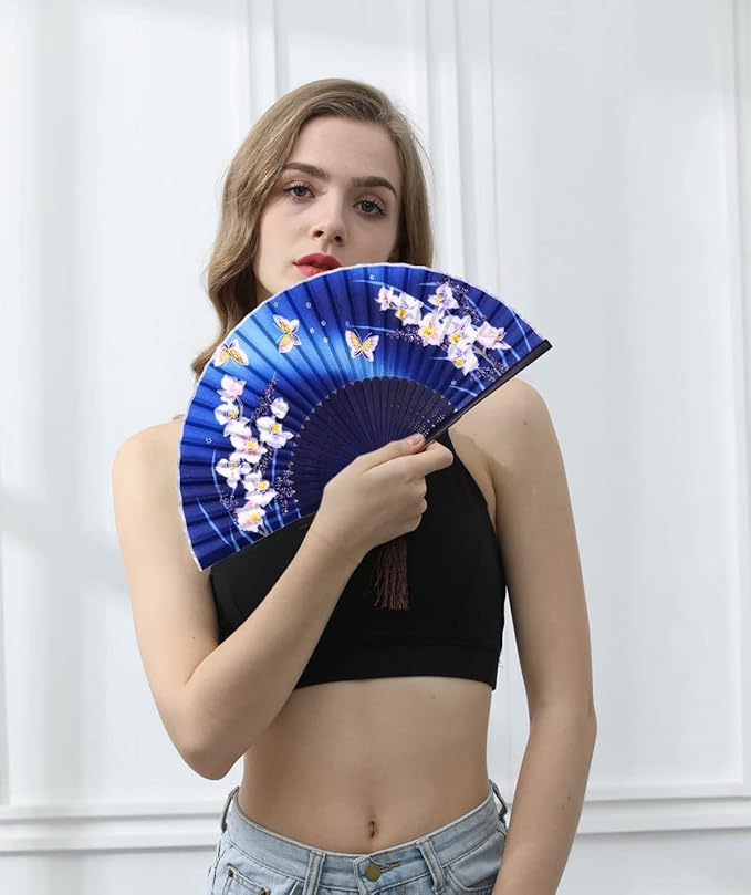 Amajiji Folding Hand Fan for Women, Chinese Japanese Vintage Style Bamboo Silk - Image 3