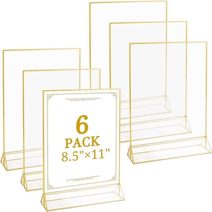 Floroom 6 Pack 8.5x11 Inch Clear Acrylic Sign Holders, Double-Sided Gold by Floroom