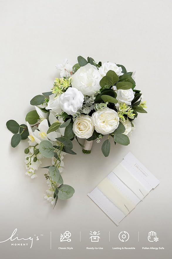 Ling's moment White Bridal Bouquet Cascading, 13 Inch Ivory Bride Bouquets - Image 8