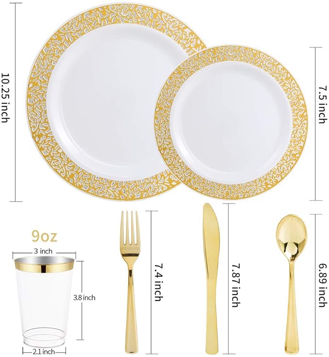 WELLIFE 175 PCS Gold Plastic Plates, Includes: 25 Dinner plates, 25 Salad Plates - Image 2