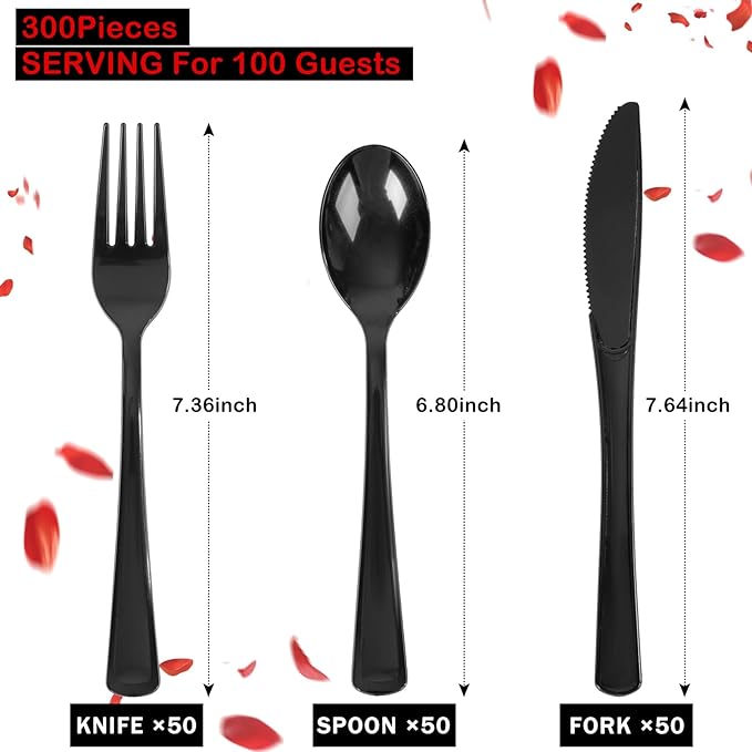 Supernal 300 Pieces Black Plastic Silverware Disposable Cutlery Black - Image 3