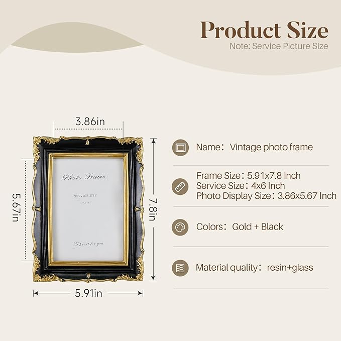 Cuspin 4x6 Picture Frame Black and Gold Vintage Frame, Ornate Textured - Image 5