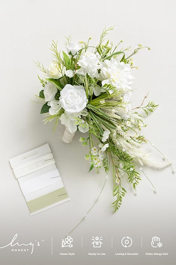 Ling's moment White Green Bridal Bouquet - Image 8