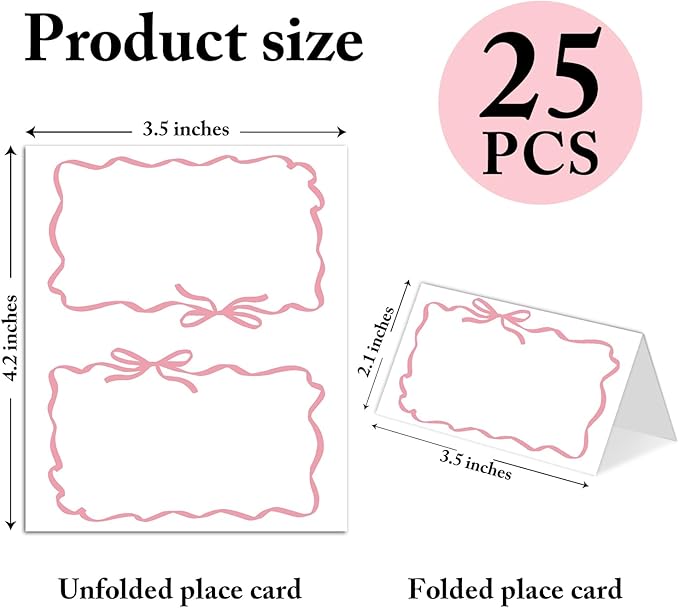 25 Pack Pink Bow Wave Place Cards, Editable Name Cards - Image 2