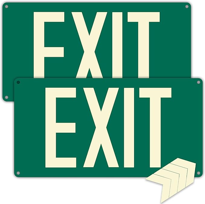 Photoluminescent Exit Sign, Glow In The Dark Aluminum Exit Sign Green by Amexiu