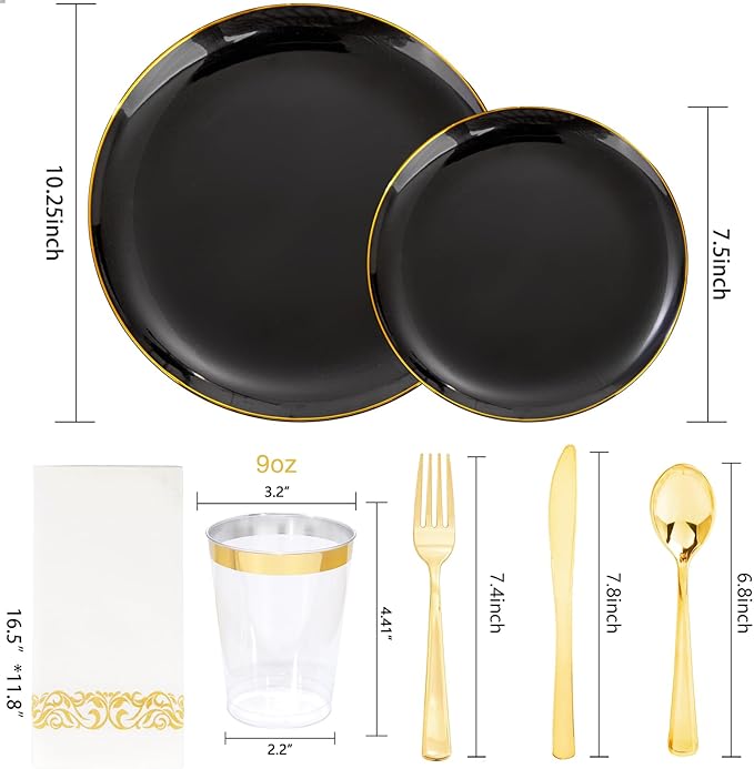 Supernal 350pcs Black & Gold Plastic Dinnerware Set, Elegant Black Plates - Image 2