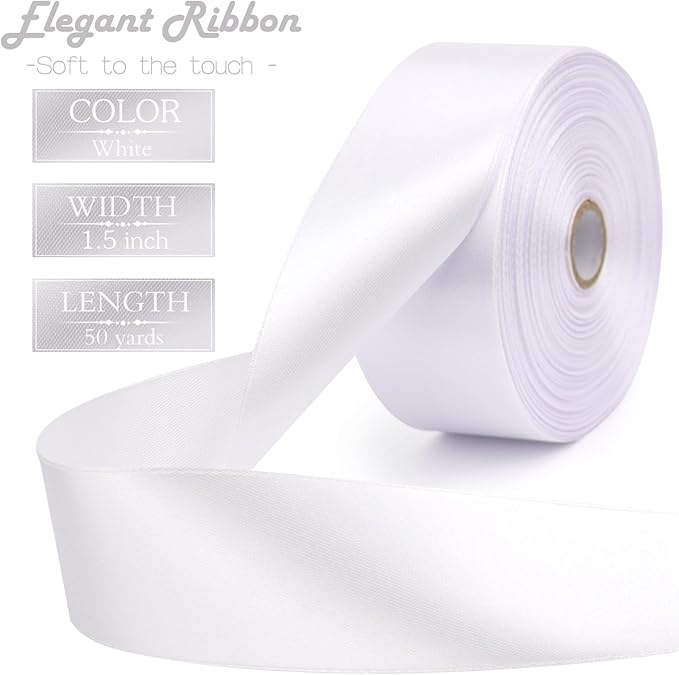 White Solid Satin Ribbon 1-1/2 Inch 50 Yards Solid Polyester Fabric Ribbon - Image 2