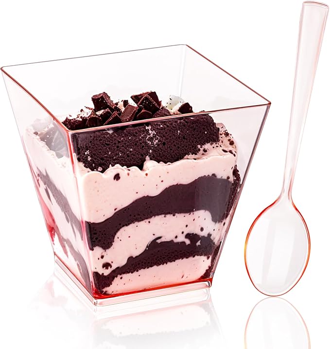 YOUBET 102 PCS Plastic Dessert Cups - 8oz Pink Clear Square Cups - 51 Pack Mini by YOUBET