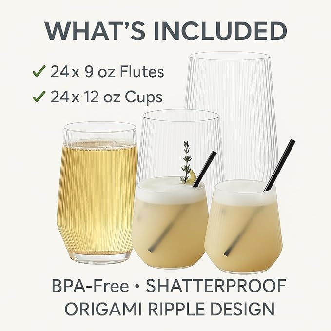 48 Pack Ribbed Origami Ripple Plastic Glasses, 24 9 Ounce Stemless Champagne - Image 2