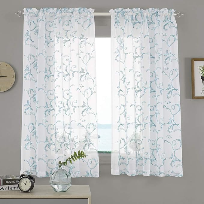 Floral Embroidery Sheer Curtains Blue 45 Inch Length, Vintage Rod Pocket Voile by MYSTIC-HOME