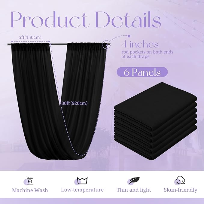 6 Panels Black Ceiling Drapes for Wedding, 5ftx30ft Ceiling Drapes Cheesecloth - Image 2