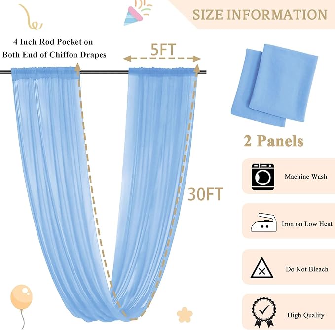 MODFUNS Light Blue Ceiling Drapes Wedding Arch Drapery 5x30ft 2 Panels Sheer - Image 3