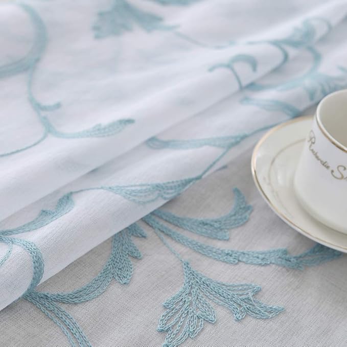 Floral Embroidery Sheer Curtains Blue 45 Inch Length, Vintage Rod Pocket Voile - Image 6